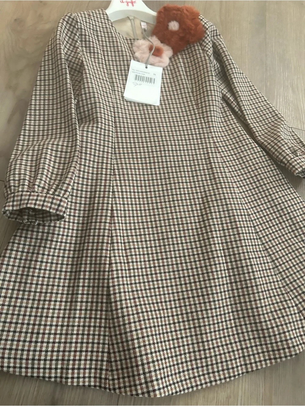 Il Gufo Beige and Brown Checkered Long Sleeve Girls Dress